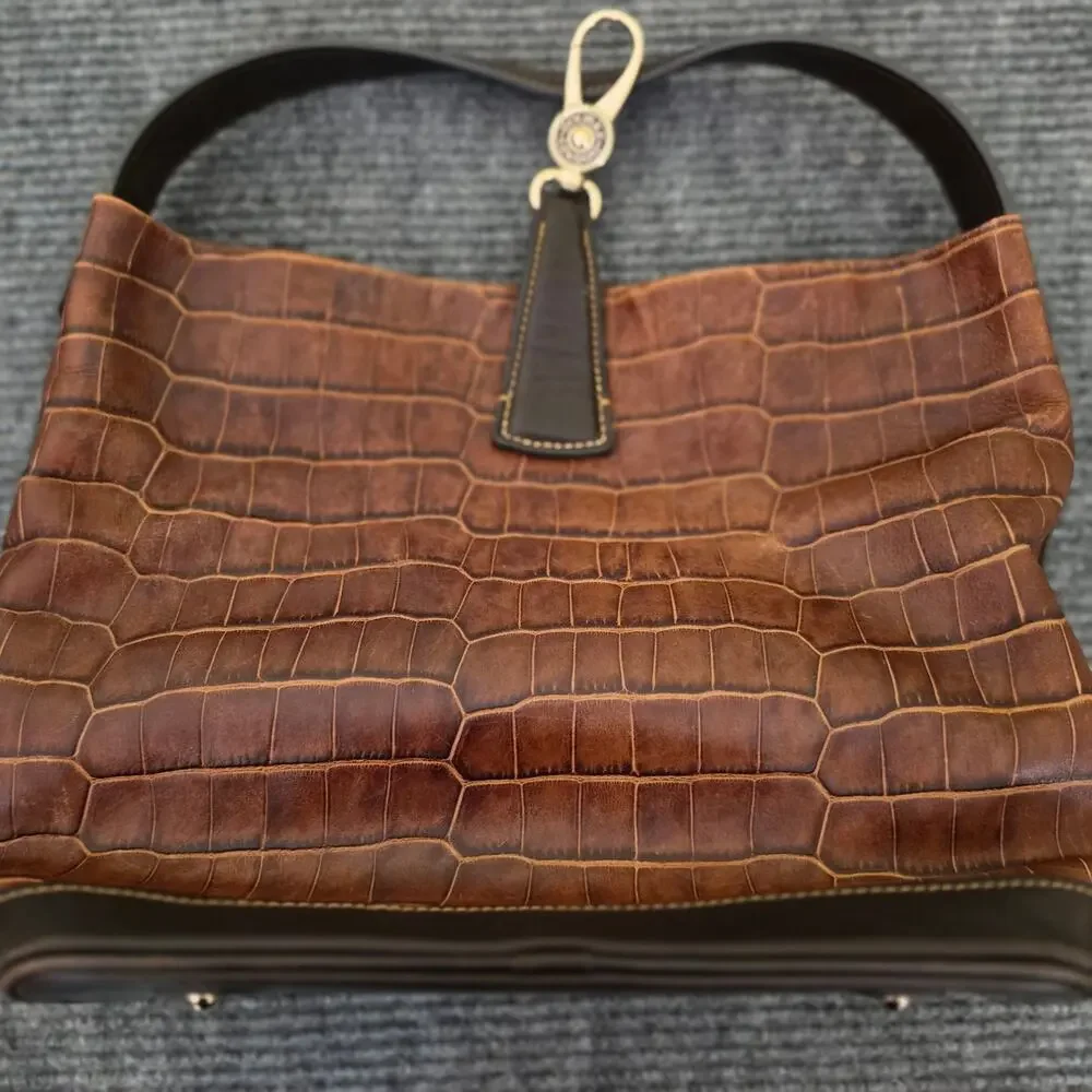 Vintage Dooney & Bourke Bayou Gathered Flap Bag Brown Alligator Embossed Leather
